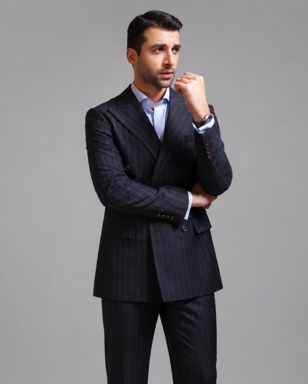 Print Striped Navy Blue Suit