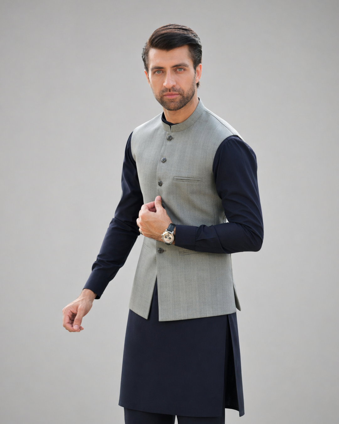 Grey Windowpane Plaid Waist Coat