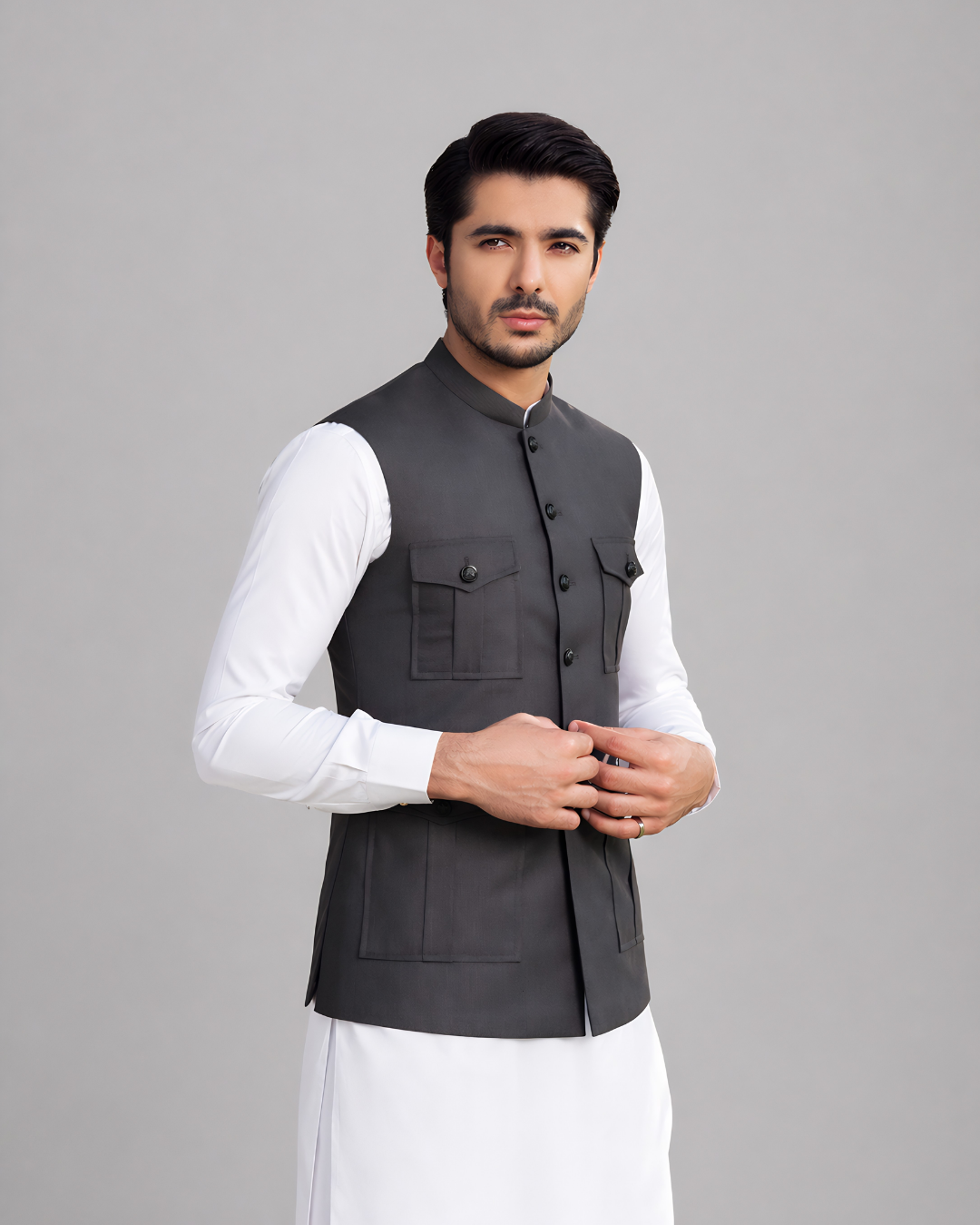 Charcoal Grey Safari Pocket Waist Coat
