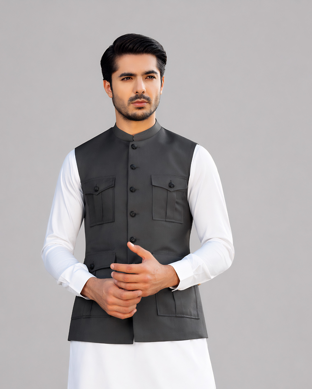 Charcoal Grey Safari Pocket Waist Coat