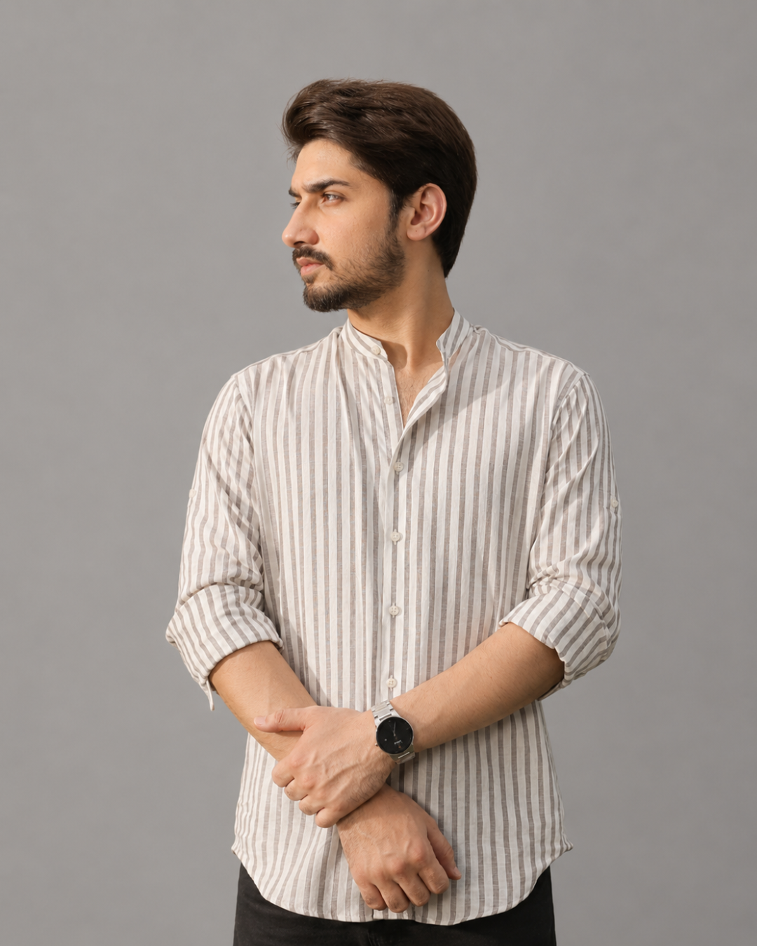 White Linen with Grey Stripes